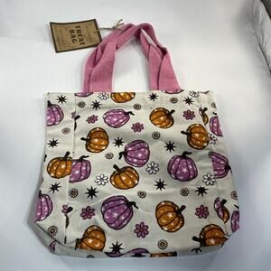 Halloween Pumpkin Treat Bag Pink Orange 100% Cotton Reusable Tote NEW